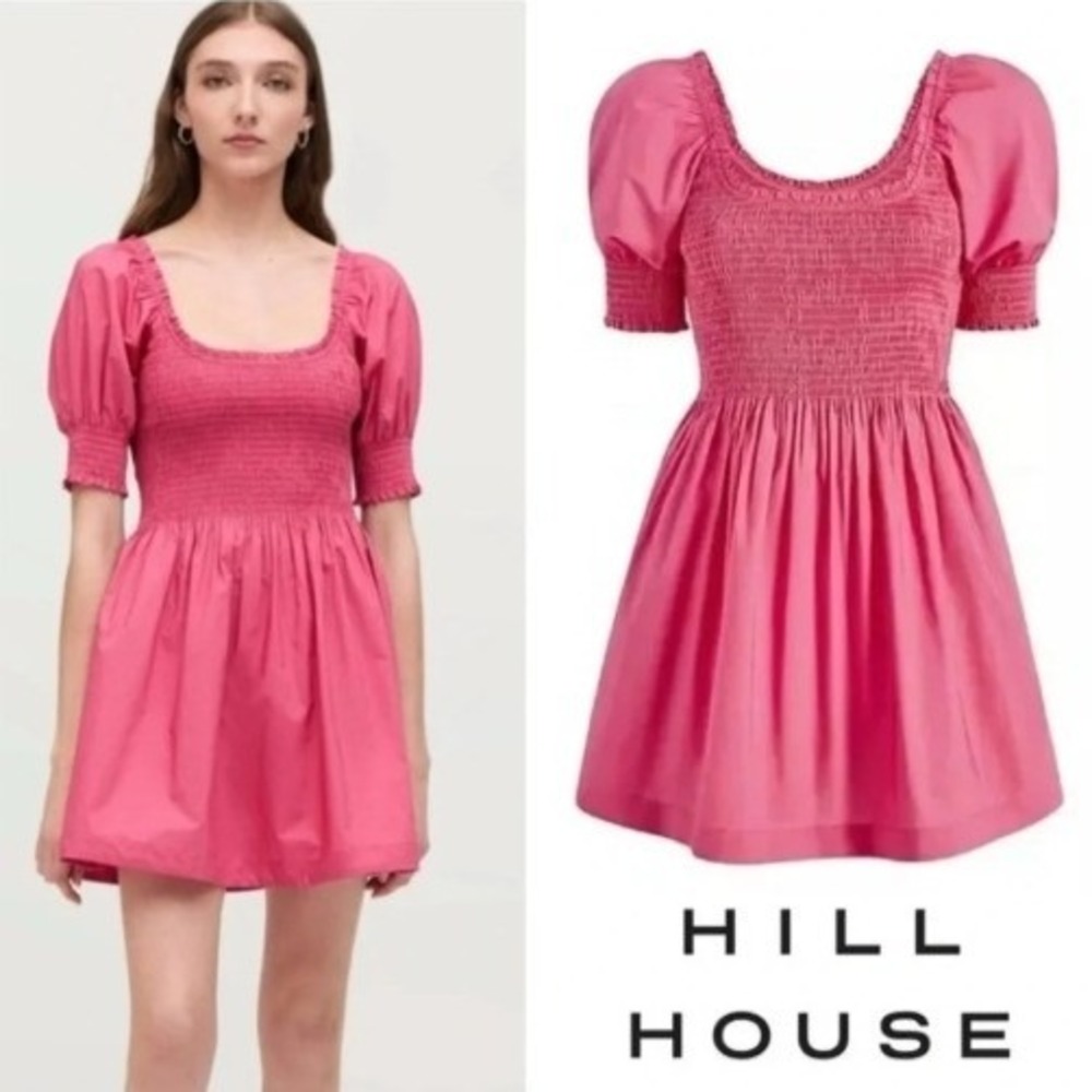 Hill House Home Athena Nap Dress Pink Smocked Puff Sleeve Mini Dress Size S